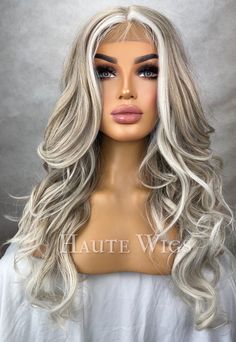 Frame that beautiful face with this money piece wig. It has a Lace Front And Fixed Lace Center T Parting wavy , With Blonde High / Low Lights Our Luxury Wig Is Made Of Premium Quality Synthetic Hair Fibers Mixed With Human Hair For An Outstanding Wig. Heat Resistant 130-160oC (266-320oF), She Should Never To Be Dyed Or Bleached. So Beautiful ! A Head Turner ! Very Soft. Realistic Feel and Look Full Density. Luscious Locks ! S-M Inner Wig Cap With Tightening Strap. This Wig Will Look Stunning On Ice Blonde Money Piece, White Highlights Hair, Blonde Hair With Money Piece, Icey Blonde, Ash Blonde Wig, Lace Front Straight, Blonde High, Bright Blonde Hair, Bombshell Hair