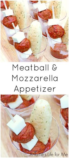 meatball and mozzarella appetizer in glass bowls