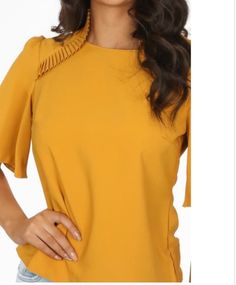 Mustard pleated trim blouse, with wide short sleeve and keyhole back button closure. Sizes  2x8 2x10 2x12 2x14 Womens Clothing Tops, Mustard, Open Shoulder Tops, Blouses For Women, Art Collection, Blouses, Bathing Beauties, Tops & Tees, Trim