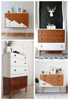 four different types of dressers with wood handles and drawers, one in white and the other in walnut