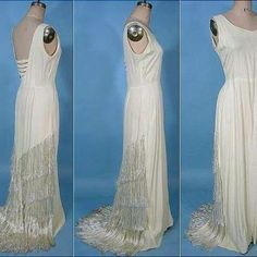 C. 1930's Ivory Crepe Gown With Extraordinary Fringed Trained Back! Larger Size! Description The Gown Is An Ivory Crepe, Plain In Front And Fringed Only In The Lower Trained Back. I Love The Low "V" Back With The Strips Across. Imagine This Dress With A Broach At The Shoulders To Add Some Bling Or Several Strands Of Pearls Hanging Down The Front. Perfect For A Late 1920searly 1930s Wedding, It Has So Many Possibilities! Approximate Measurements/Sizing/Label Brand ~ Unknown Size On Label ~ N/A Ap Vintage White Bias-cut Dress, Cream Dresses With Bias Cut For Vintage Events, Vintage White Bias Cut Dress, Vintage Wedding Gown With Bias Cut, 1930s Wedding Dress, Antique Wedding Dresses, 1930 Fashion, 1930's Fashion, Deco Dress