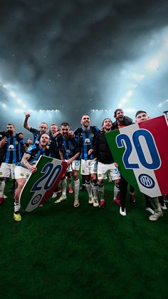 the soccer team is posing for a photo under a stormy sky with their numbers on it