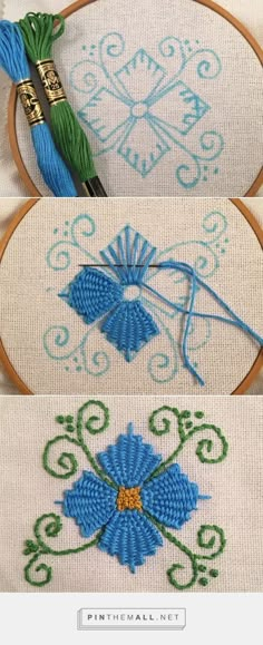 two pictures showing how to use the cross stitch technique on an embroidered piece of cloth