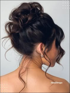 Prom Hairstyles Up Bun, High Fancy Bun, High Prom Bun, High Messy Bun Updo Wedding, Prom Updos Bun, Messy Bun Updo Prom, High Prom Updos, High Up Do Hairstyles, 90s High Bun Wedding