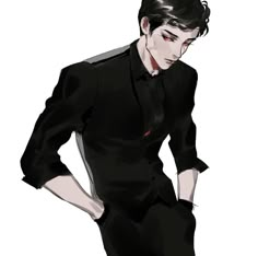 a drawing of a man in a black shirt and tie with his hands on his hips