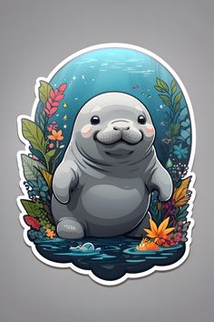 a sticker with an image of a seal in the water, surrounded by leaves and flowers