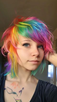 Pastel Rainbow Hair Short, Short Colorful Hair Ideas, Hairdye Styles, Colorful Pixie Cut, Rainbow Hair Color Short, Rainbow Short Hair, Emo Hair Style, Rainbow Prism Hair, Funky Hair Color Ideas