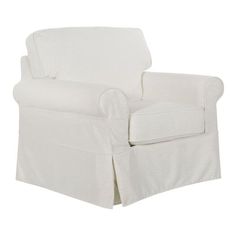 a white chair with a skirted arm and foot rest on it's back