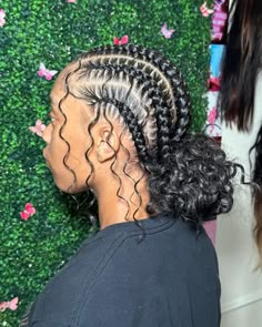 Braided Back With Curly Hair, Cornrow Buns With Curls, Cornrow Braids Into 2 Buns, Add On Hairstyles, Braids With Two Buns In The Back, Feed In Braids Hairstyles With Curls, Feed In Braids Bun To The Back, Stitch Braids Buns, Feed In Buns With Curls