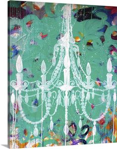 a painting of a chandelier on a green background