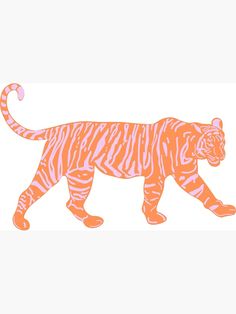 an orange and pink tiger walking across a white background with the word tigers on it's side