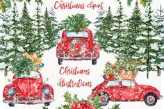 watercolor christmas clipart with red cars and trees in the snow, decorated with presents