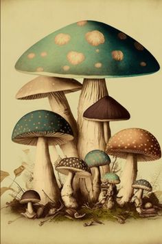 a group of mushrooms sitting on top of a grass covered field next to each other