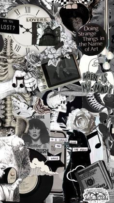 a collage of black and white images with words, pictures, and other things