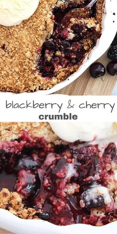 blueberry and cherry crumble pie with ice cream on top