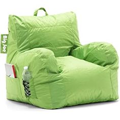 a lime green bean bag chair with the word big joe on it's side