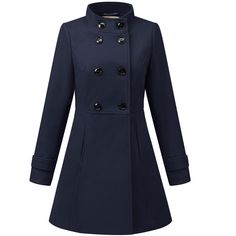 Take on chilly winter with this stylish midi-length coat with its chic stand collar design and double-breasted details. It is finished with a stand collar and slant pockets. Keep cozy and chic all at once with this coat. A chic cut for a simple and sophisticated coat that saves a bit of flare for the soft, warm fabric. Pull it on over your favorite work or dressy nighttime looks for a stunning, polished ensemble. Casual Winter Pea Coat For Office, Trendy Winter Office Pea Coat, Trendy Winter Pea Coat, Trendy Fitted Winter Pea Coat, Fitted Trendy Winter Pea Coat, Trendy Pea Coat For Winter, Trendy Winter Pea Coat For Cold Weather, Fitted Solid Peacoat For Fall, Winter Office Pea Coat In Solid Color