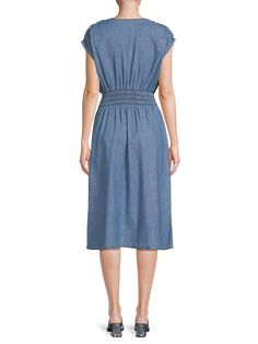 Deep V-Neck Short Sleeves, Extended Pullover Style Smocked Waist Fit & Flare Silhouette 62% Cotton & 38% Viscose Machine Wash Imported. Womens - W Sportswear > Saks Off 5th. Tommy Hilfiger. Color: Light Benson. Size: S. Tommy Hilfiger Dress, Tommy Hilfiger Women, Fit & Flare, Chambray, Pullover Styling, Smocking, Dresses For Sale, Dress Skirt, Tommy Hilfiger