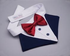 a red bow tie and white shirt with blue lapel collar on a gray background