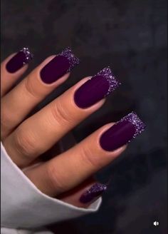 New Years Nail Designs Square Short, Black Nails With Glitter French Tip, Dark Purple Nails With Glitter, Classic Winter Nails, Glitter Nails Birthday, Nail Inspo New Years, Midnight Purple Nails, Dark Nails Acrylic, Winter Toes Nails Colors