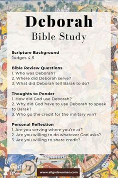 a poster with the words deborah bible study written in black and white on it