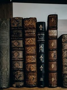 old books are lined up on a shelf