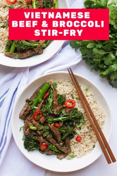 beef and broccoli stir - fry with chopsticks on the side in a white plate