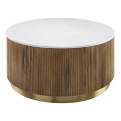 a white marble and brass coffee table with wood accents on the top, against a white background