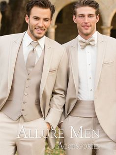 two men in tuxedos standing next to each other with the caption, allure men accessories