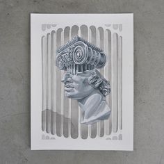 a drawing of a man's head with a machine in his hair on top of a piece of paper