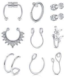 six pairs of silver nose rings with different shapes and sizes, all set on white background