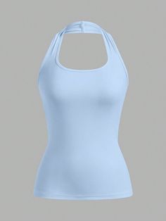 Baby Blue Casual Collar  Knitted Fabric Plain Halter Embellished Slight Stretch  Women Clothing Best Friend Outfits, Western Clothing, Crop Top Hoodie, Printed Sleeveless Top, Halter Tops, Friend Outfits, Blue Tank Top, Casual Tank Tops, Summer Baby