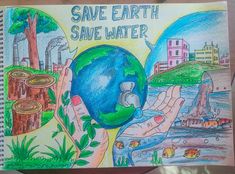 a drawing of two hands holding a globe with the words save earth save water written on it