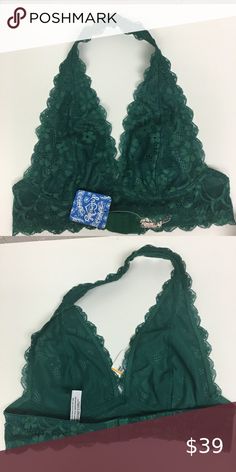 NWT Free People Galloon Halter Lace Bra Dark Green New with tags Galloon Halter Lace Bra Dark Green Size Small Free People Intimates & Sleepwear Bras Green Lace Bra With Lace Trim, Green Fitted Lace Bra, Spring Green Bra With Lace Trim, Green Lace Trim Bra For Spring, Free People Intimates, Lace Bra, Women's Intimates, Dark Green, Free People