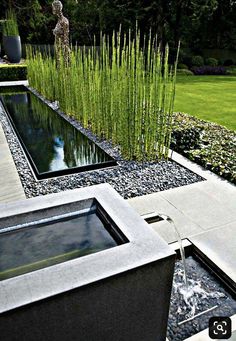 an outdoor garden with a water feature and grass in the back ground, surrounded by tall grasses