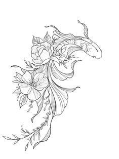 a drawing of a fish and flowers on a white background