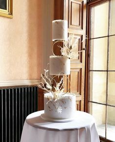 a three tiered cake sitting on top of a table