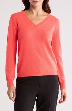 Stay warm in this luxuriously soft cashmere sweater fashioned in a relaxed, easy-to-layer fit. V-neck Long sleeves 100% cashmere Dry clean Imported Layered Fits, Color Sweater, Sweaters Crewneck, Coral Color, Cashmere Sweater, Cashmere Sweaters, Colorful Sweaters, Stay Warm, Sweater Outfits