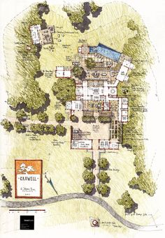 a drawing of a large house with lots of trees in front of it and a sign on the ground