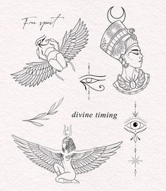 four different tattoos that have been drawn in black ink on white paper with the words divine time