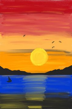 a painting of a sunset with birds flying over the water