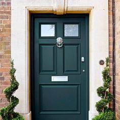 a green front door with two potted plants