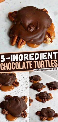 chocolate turtle cookies with pecans and caramel on top