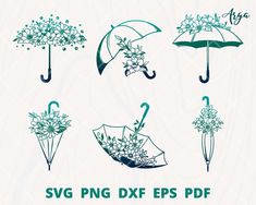 the svg png dxf eps file includes umbrellas, flowers and raindrops