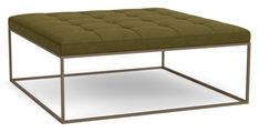 a square footstool with a metal frame and green upholstered cushion