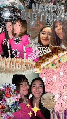 a collage of photos with women and birthday cake in front of disco ball balloons