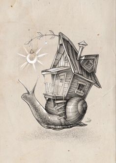 a drawing of a snail with a house on its back