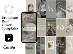 the instagram cover templates are displayed in multiple photos, including an image of a woman's torso