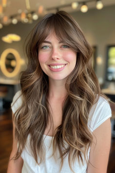 Long hair with layers and curtain bangs, creating a soft, face-framing style. Ways To Style Long Hair, Long Layers With Curtain Bangs, Layers With Curtain Bangs, Style Long Hair