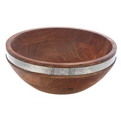 a wooden bowl with metal trim around the rim